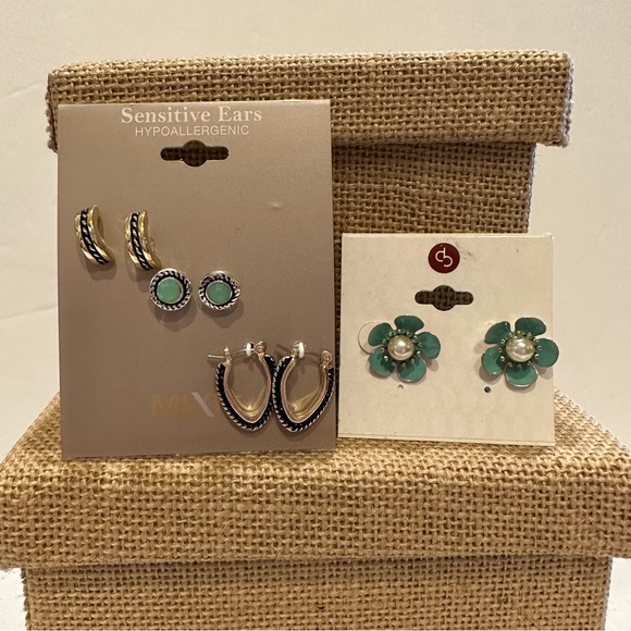 NWT 3 pair MIXIT Earrings- gold & silver tones w/ green accent; Dressbarn Flower - Picture 2 of 7